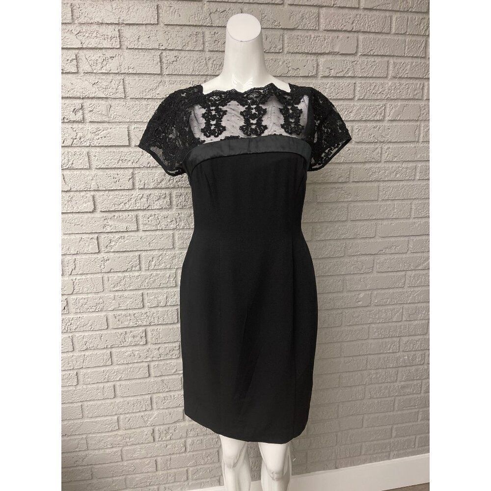 Carmen Marc Valvo Women Short Sleeve Black Beaded Formal Sheath Dress Size 6